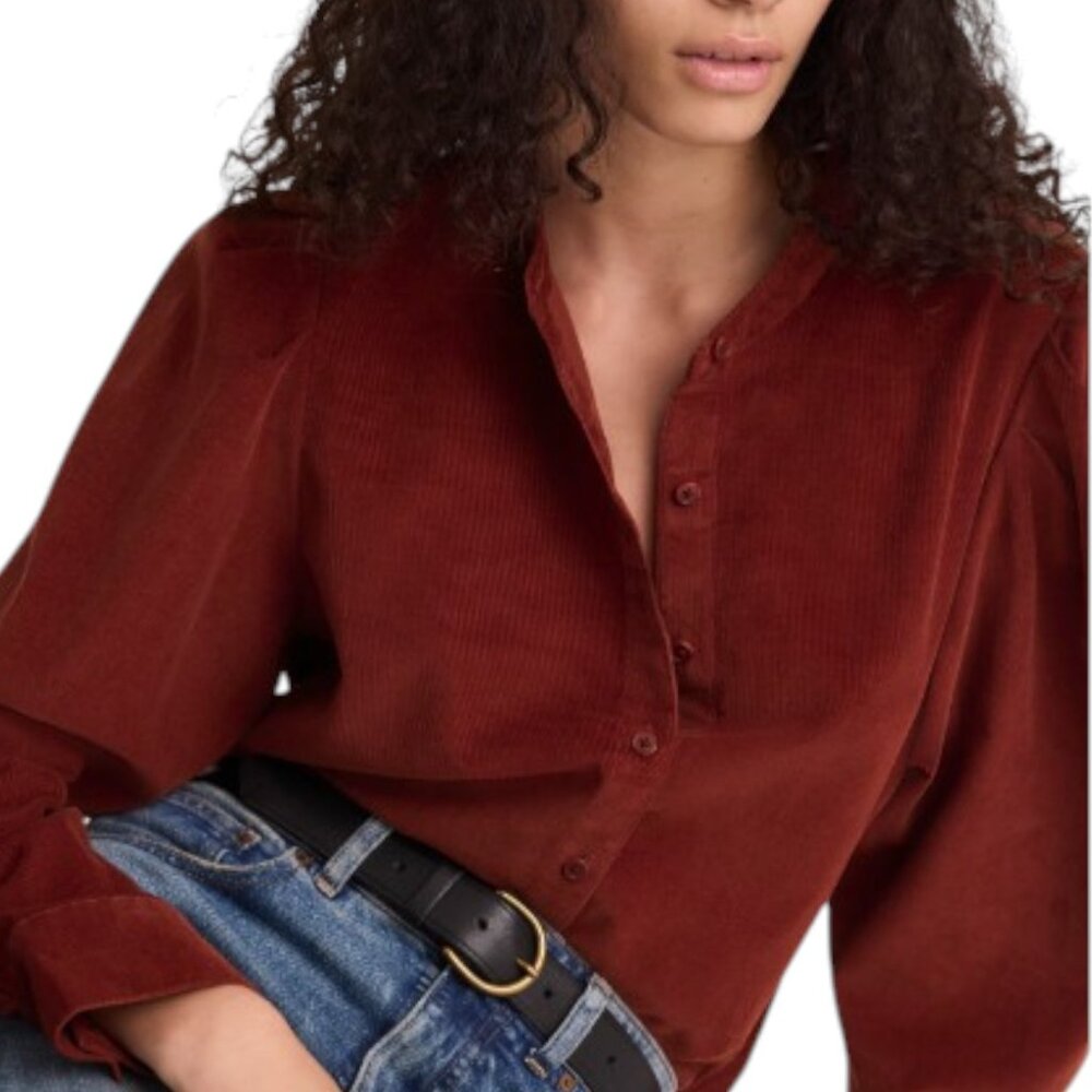 MADEWELL Pleated Puff-Sleeve Corduroy Button-Up Shirt Top Women's Small